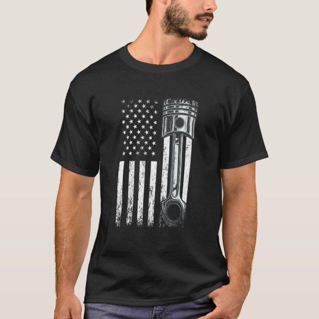 Amerikansk Flagga med Novelty av kolvmotor T Shirt (Framsida)