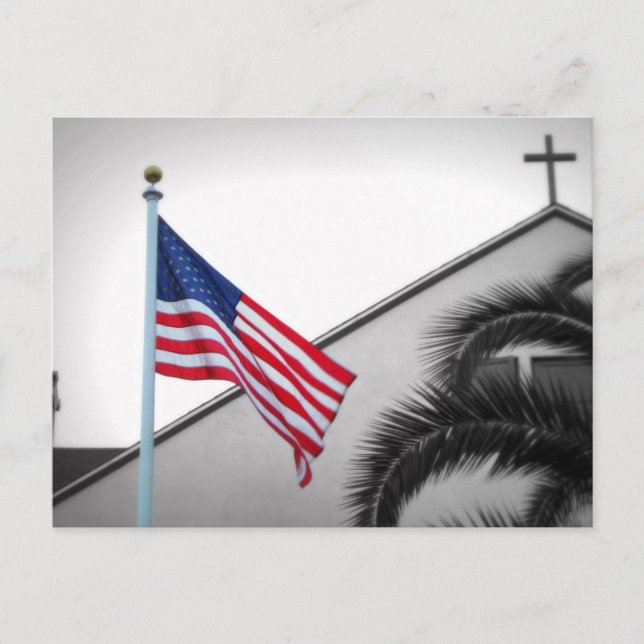 Amerikansk Flagga och Crucifix Vykort (Framsida)