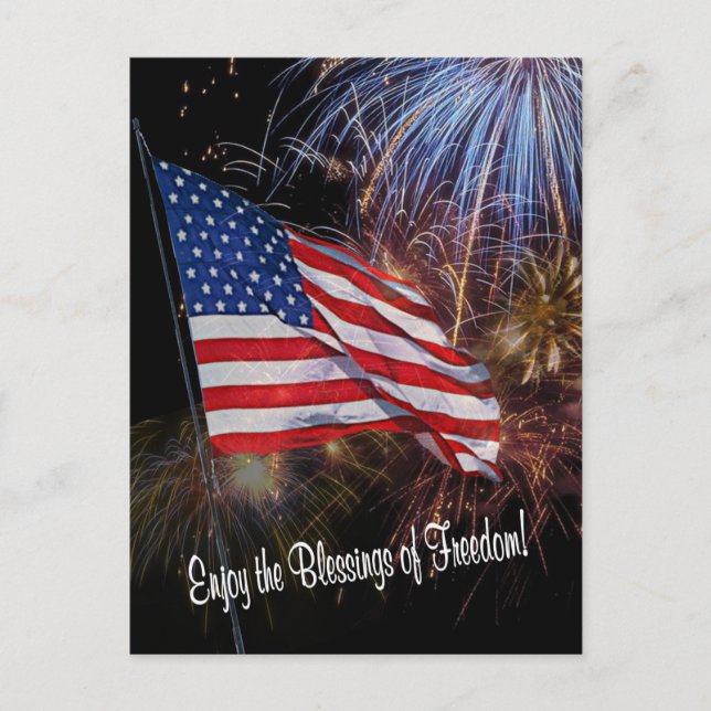 Amerikansk Flagga- och Fireworks-design Vykort (Framsida)