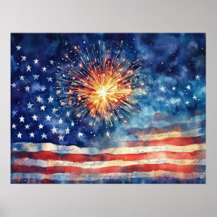 Amerikansk flagga och fyrverkerier. poster