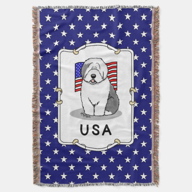 Amerikansk Flagga Old English Sheepdog (Grått 1) Filt (Framsidan Vertikal)
