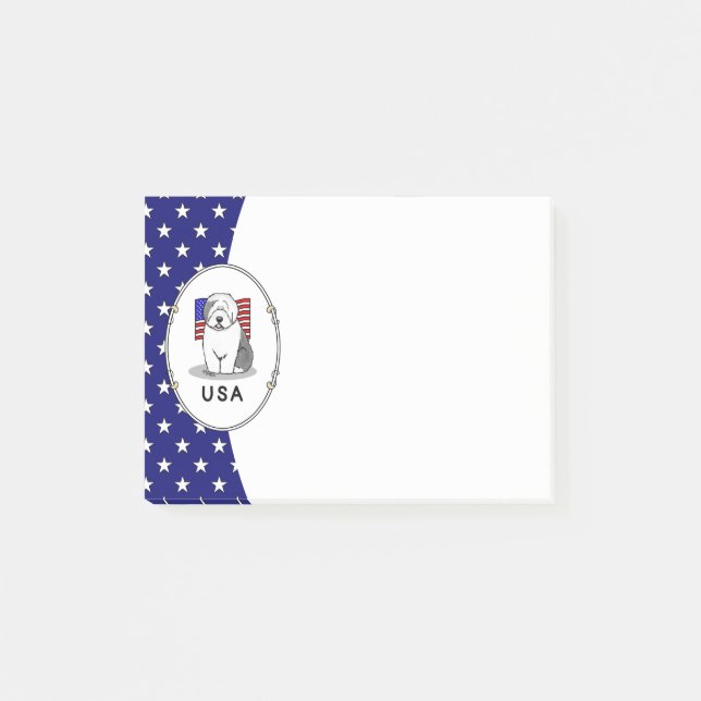 Amerikansk Flagga Old English Sheepdog (Grått 1) Post-it Block (Framsida)