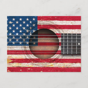 Amerikansk Flagga på gammaldags akustiskt gitarr Vykort
