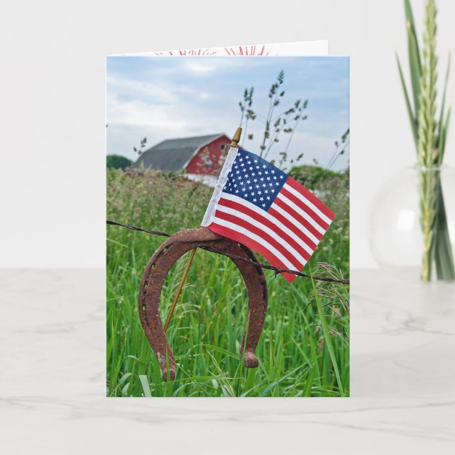 Amerikansk flagga på rostbildande häst kort (Framsida)