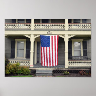 Amerikansk Flagga på Vermont Porch Poster