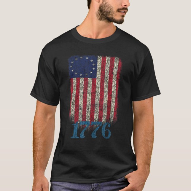 Amerikansk Flagga Patriotic 1776 Betsy Ross Distre T Shirt (Framsida)