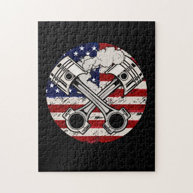 Amerikansk Flagga Piston Muscle Car Patriotic Vint Pussel (Vertikal)