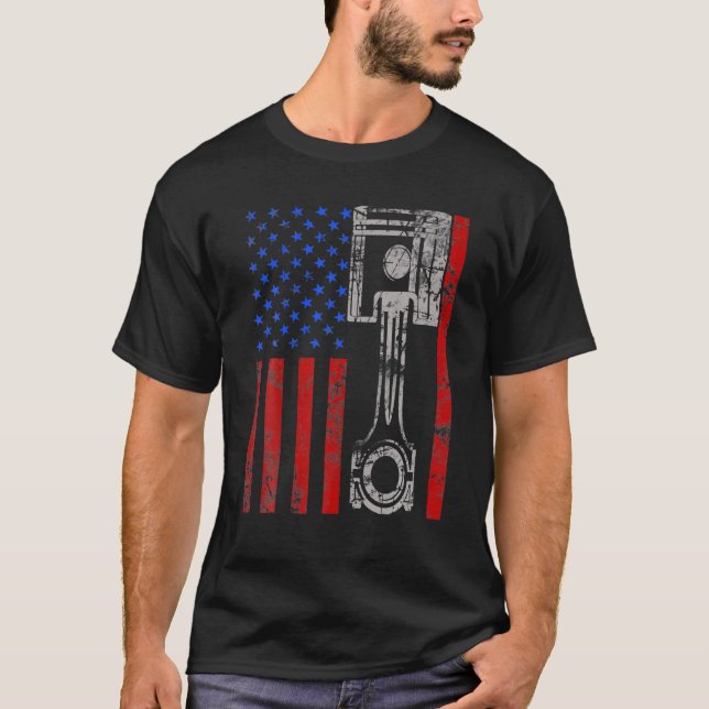 Amerikansk Flagga Piston Muscle Car Patriotic Vint T Shirt (Framsida)