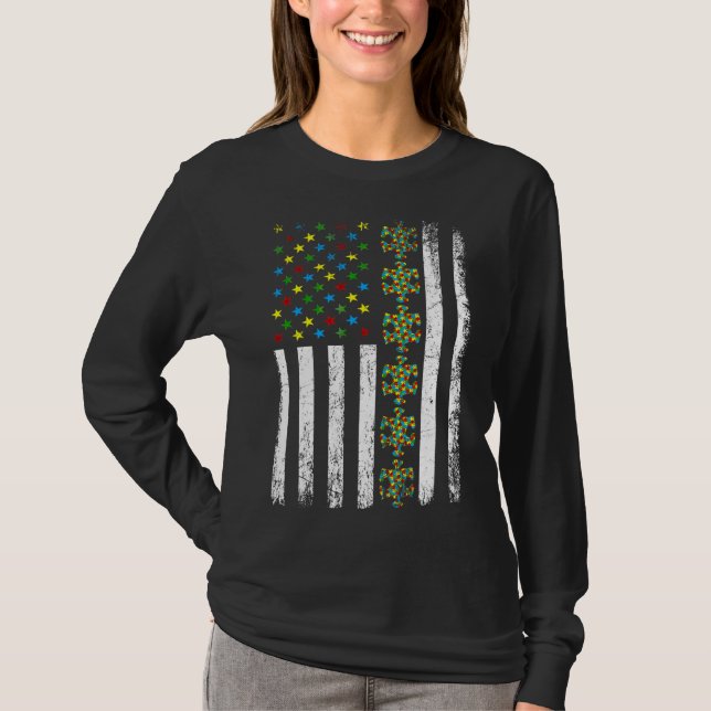 Amerikansk Flagga Puzzle Biet Autism-medvetenhet T Shirt (Framsida)