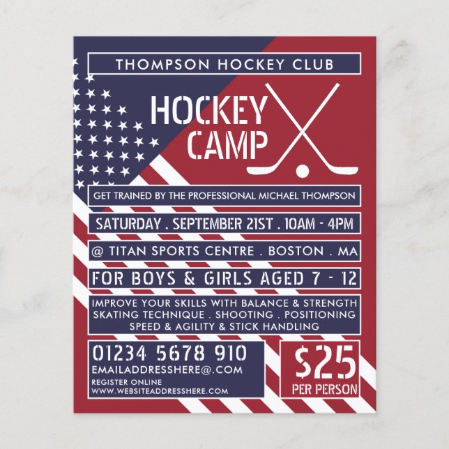 Amerikansk Flagga, reklamflygare för Hockey Camp Flygblad (Framsidan)