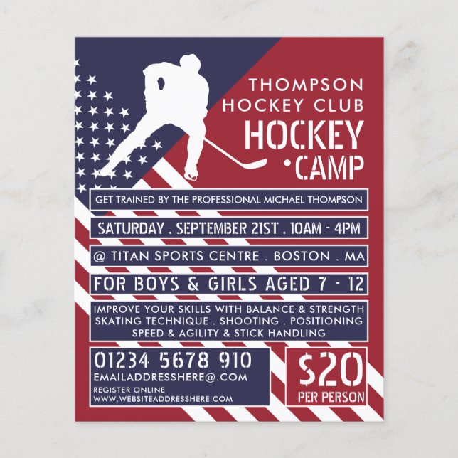 Amerikansk Flagga, reklamflygare för Hockey Camp Flygblad (Framsidan)