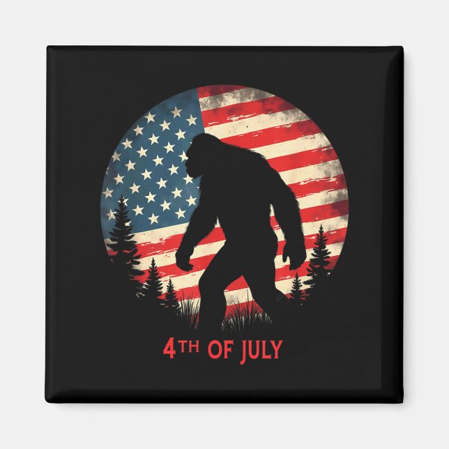 Amerikansk flagga Retro Bigfoot Sasquatch Vandring Magnet (Framsidan)