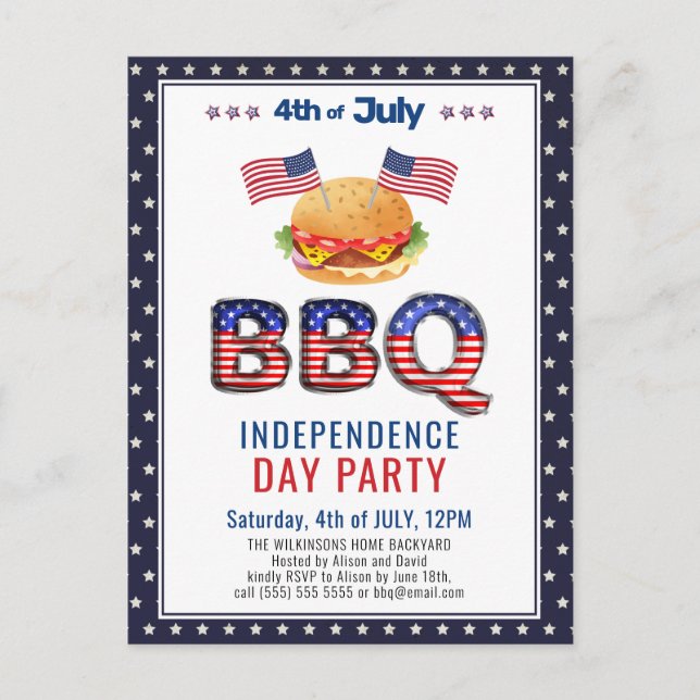 Amerikansk Flagga Rött vitt blått 4:e JULY BBQ Inbjudan Vykort (Framsida)