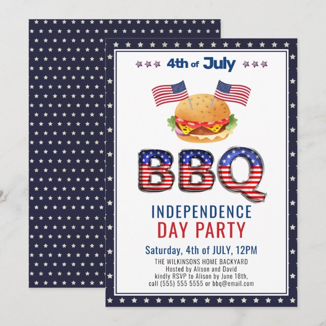 Amerikansk Flagga Rött vitt blått 4:e JULY BBQ Par Inbjudningar (Fram/baksida)