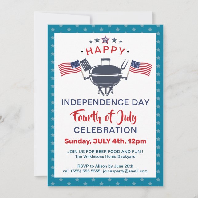 Amerikansk Flagga Rött vitt blått 4:e JULY BBQ Par Inbjudningar (Framsida)