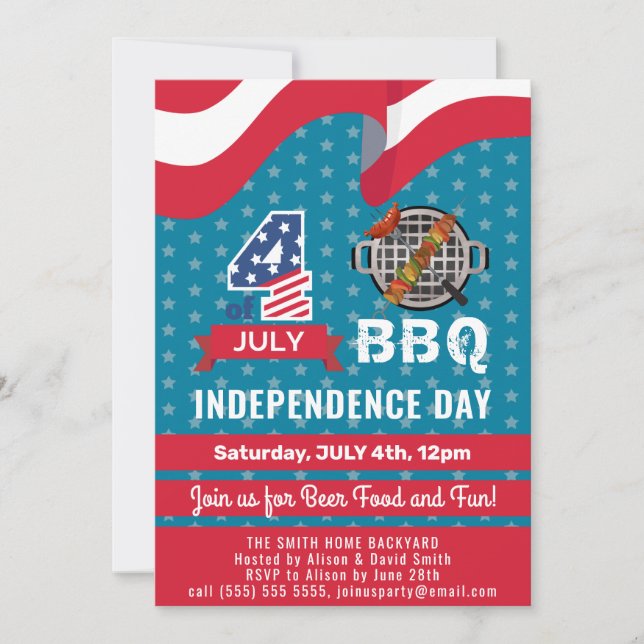 Amerikansk Flagga Rött vitt blått 4:e JULY BBQ Par Inbjudningar (Framsida)