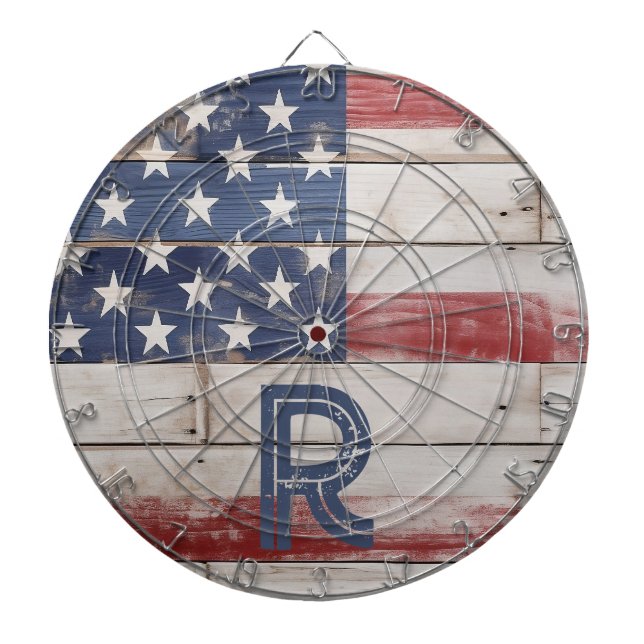 Amerikansk Flagga Rustic Rött vitt blått Monogram Darttavla (Framsidan)