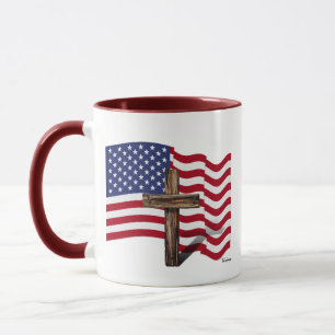 Amerikansk flagga som vajar och robust kors mugg