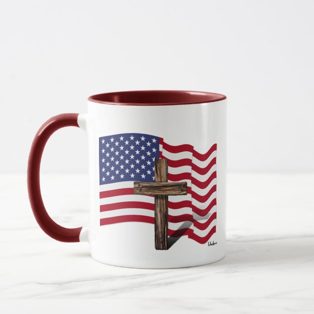 Amerikansk flagga som vajar och robust kors mugg (Vänster)