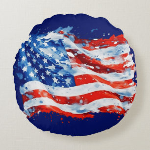 Amerikansk flagga USA Watercolor 4 juli Rund Kudde