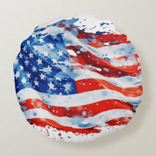 Amerikansk flagga USA Watercolor 4 juli Rund Kudde