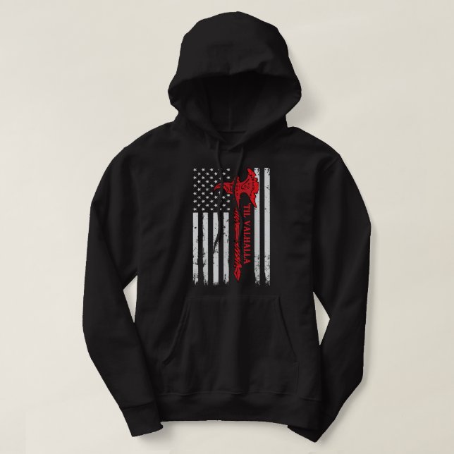 Amerikansk Flagga Viking Yxa Till Valhalla Cool Ve Hoodie (Design framsida)