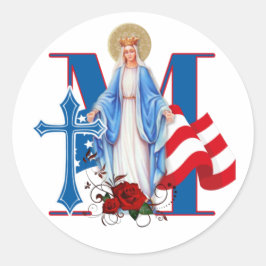 AMERIKANSK FLAGGA VIRGIN MARY RELIGIÖSA RO RUNT KLISTERMÄRKE