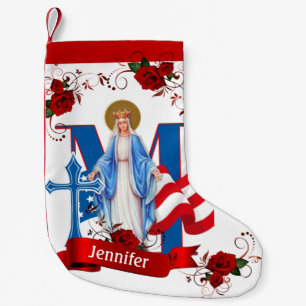 AMERIKANSK FLAGGA VIRGIN MARY RELIGIÖSA ROSOR LITEN JULSTRUMPA