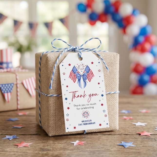 Amerikansk flaggbåge flicka födelsedagspresent eti presentetikett (Skapare uppladdad)