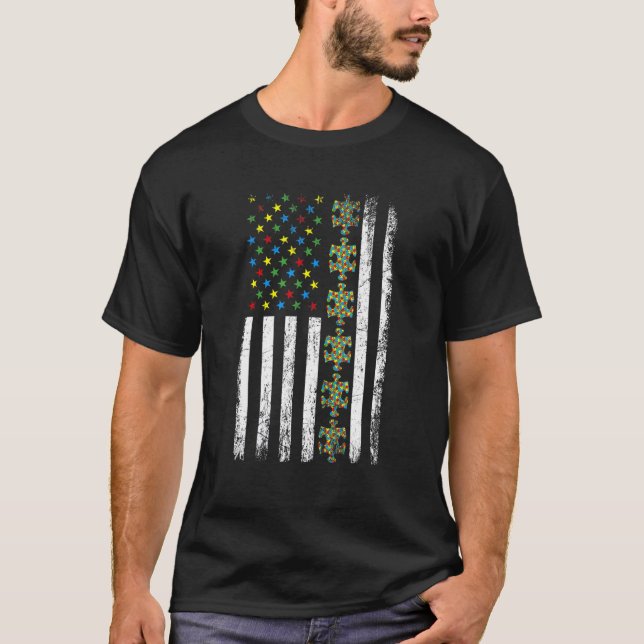 Amerikansk flaggpusselbit Autismmedvetenhet T Shirt (Framsida)