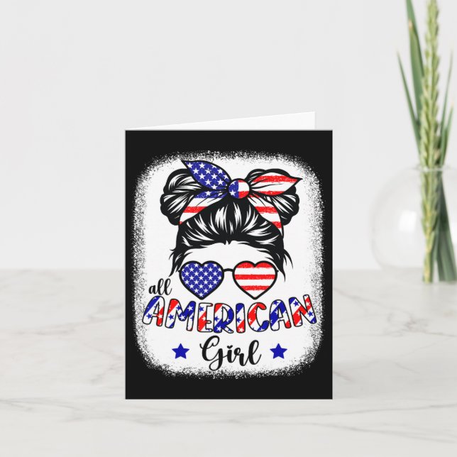 Amerikansk flicka 4:e juli Shirt Women Messy Bun Kort (Framsida)