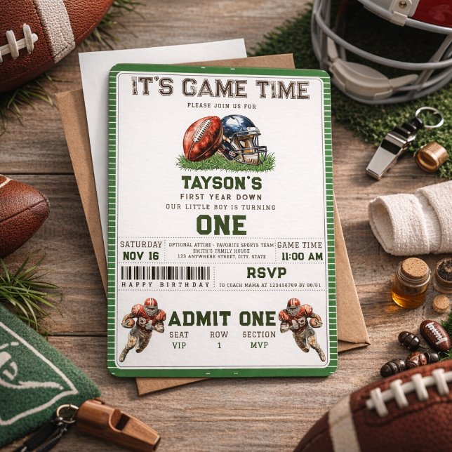 Amerikansk fotboll - första året nedåt 1:a födelse inbjudningar (American Football First Year Down 1st Birthday Invitation)