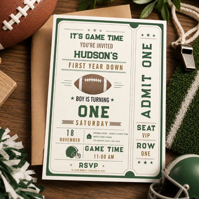 Amerikansk Fotboll Första Året Ner 1:a Födelsedag Inbjudningar (American Football First Year Down 1st Birthday Invitation)