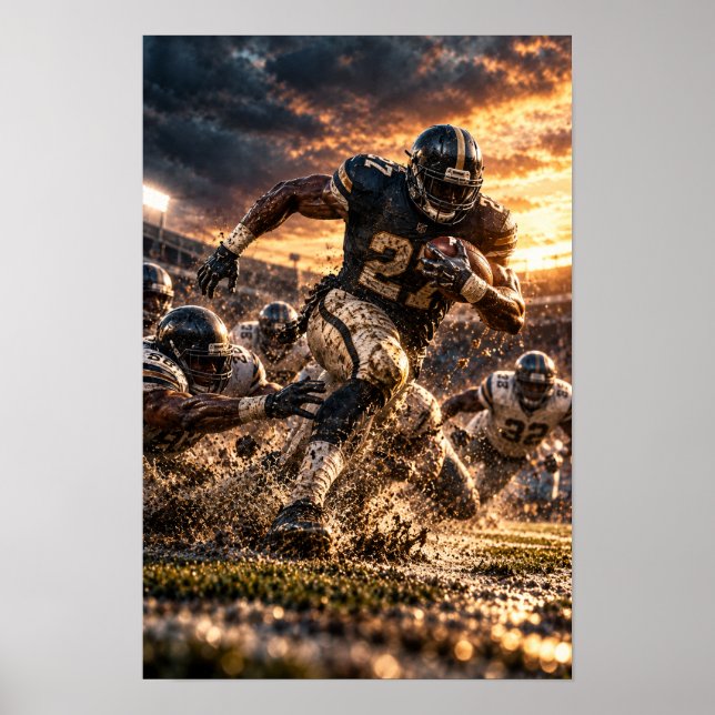 Amerikansk fotboll Running Back bryter igenom De Poster (Framsidan)