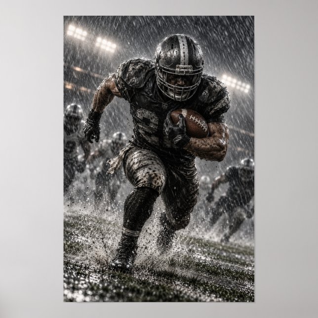 Amerikansk fotboll Running Back i regn – Dramatisk Poster (Framsidan)
