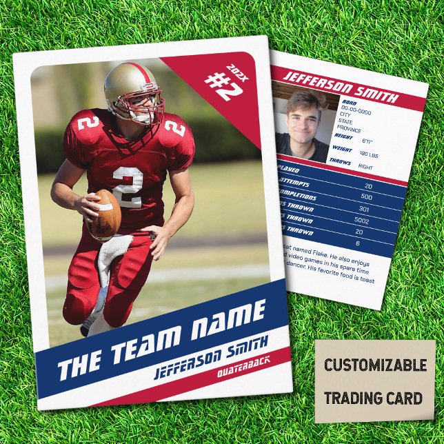 Amerikansk Fotbollslag Byteskort Röd Vit Blå (American Football Player Trading Card in White with Custom Team Name with Blue Red Stripes
)
