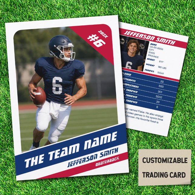 Amerikansk fotbollslag Trading Card Röd Vit Blå (American Football Player Trading Card in White with Custom Team Name with Blue Red Stripes)