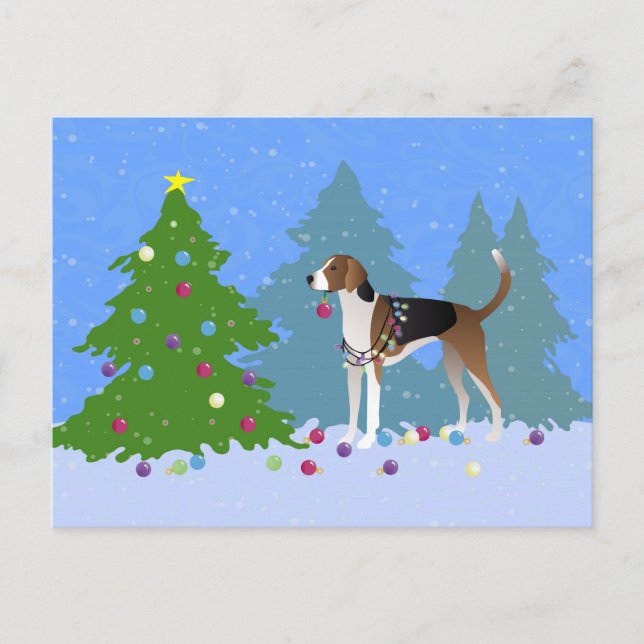 Amerikansk foxhound som dekorerar julgran-skog helg vykort (Framsida)