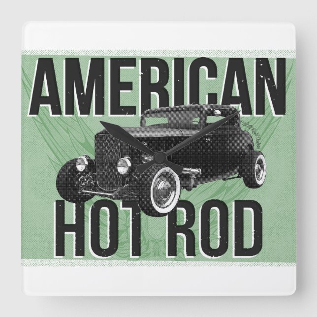 Amerikansk Hot Rod. Grön version väggklocka (Framsida)