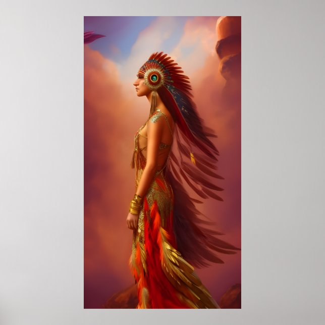 Amerikansk indiankvinna röd guldröjd klänning fjäd poster (Framsidan)
