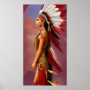 Amerikansk indiankvinna röd vita fjädrar guld poster