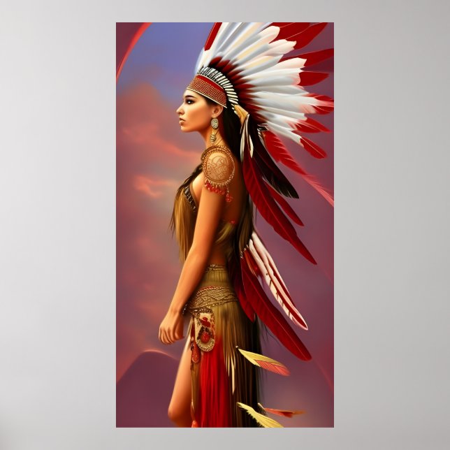 Amerikansk indiankvinna röd vita fjädrar guld poster (Framsidan)