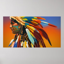 Amerikansk indianman fjädrar Orange blå tatuering  Poster