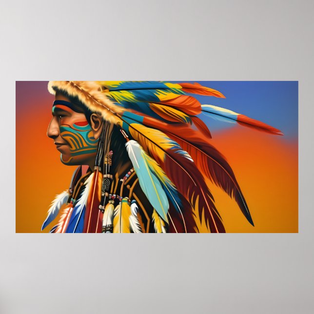 Amerikansk indianman fjädrar Orange blå tatuering  Poster (Framsidan)
