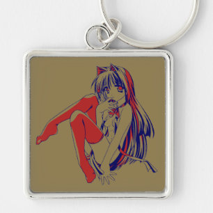 Amerikansk Manga Neko Catgirl Kawaii Anime Fyrkantig Silverfärgad Nyckelring