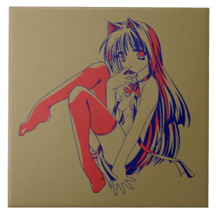 Amerikansk Manga Neko Catgirl Kawaii Anime Kakelplatta