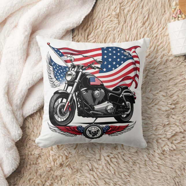 Amerikansk motorcykel med flagga i bakgrunden kudde (Filt)