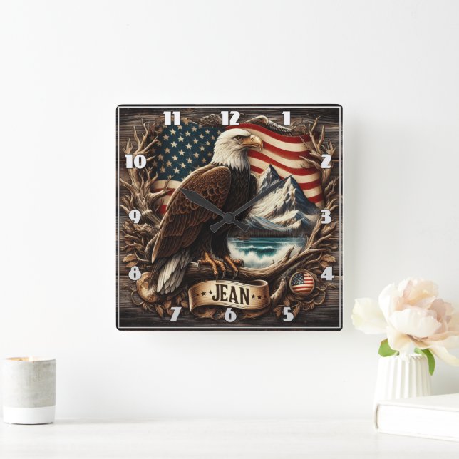 Amerikansk öre med berg och Flagga Fyrkantig Klocka (Hem)