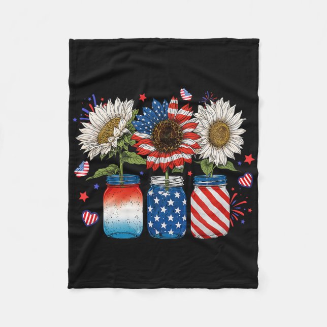 Amerikansk patriotisk USA flagga Burk med solros 4 Fleecefilt (Framsidan)