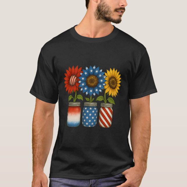 Amerikansk patriotisk USA flagga Burk med solros 4 T Shirt (Framsida)